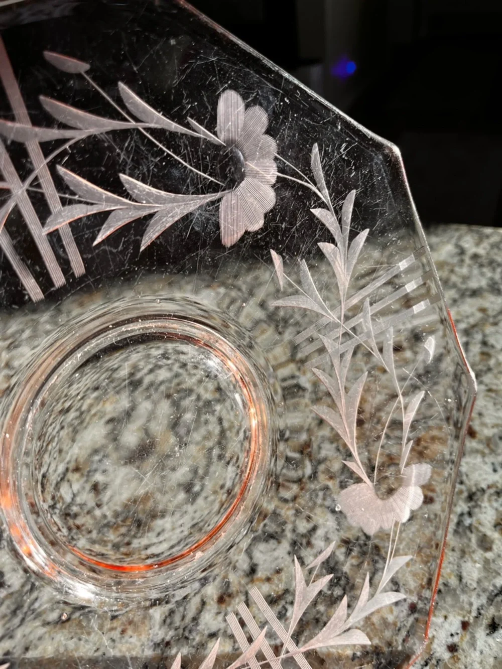 Vintage Pink Depression Glass Etched Floral Plate 10” Octagon Serving Dish